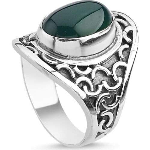 Silver 925 Sterling Green Agate Stone Handwork Ring