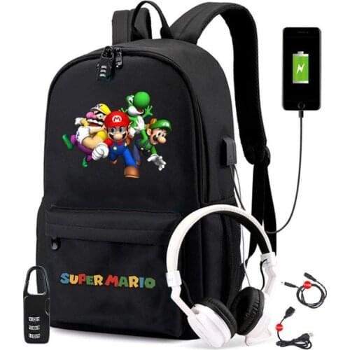 USB Charge School Backpack Student Book Bags Teens Travel Rucksack Boys Girls School bag Mochila Mario Bros Daily knapsack