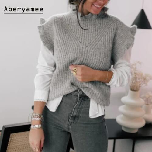 Aberyamee Ruffled Turtleneck Sleeveless Sweater Women Hollow Grey Solid Knitted Vest Casual 90s Lady Vintage Jumper Fashion New