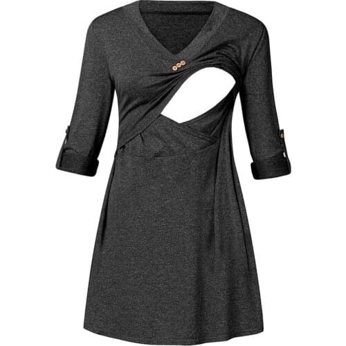 Maternity Tops Winter Rolled Up Sleeve for Breastfeeding Clothes Pink Nursing Shirt Elegant Pregnant Women Feeding Clothes