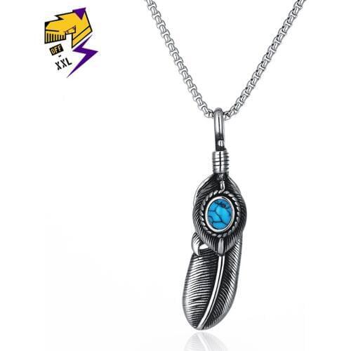 Vintage Natural Blue Stone Necklaces for Women/Men Stainless Steel Feather Necklace Long Chain Necklaces Fashion Retro Jewelry