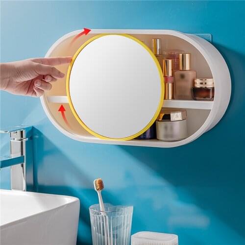 Cosmetics Storage Box Wall-Mounted Large Capacity Storage Rack with Make-Up Mirror