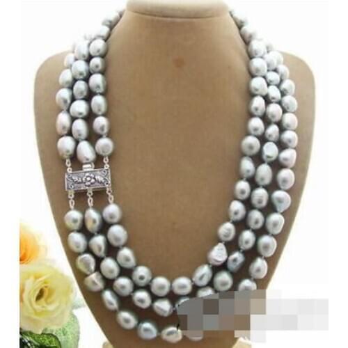 Triple strands 9-10mm south sea silver grey baroque pearl necklace 17"18"19"925