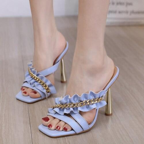 2021 New Summer Womens Shoes Fashion Pleated Chain Sexy Metal Heel Ladies Party Sandals Square Toe Slippers Blue Big Size 42