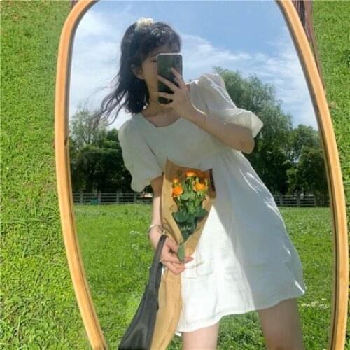 Sweet White Dress 2021 Summer New French Square Neck Puff Sleeve Dress Loose and Thin Cute Style Dress Dresses for Women