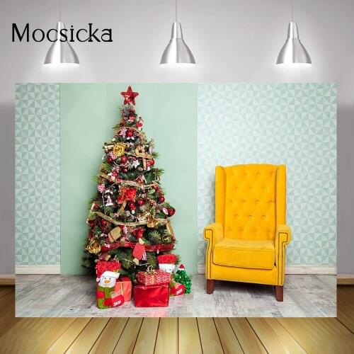 Winter Christmas Tree Backdrop Decorations Indoor Portrait Background Photography Green Wall Xmas Gifts Sofa Photo Shoot Props