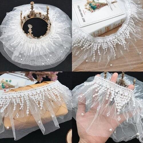 1Yard 12cm Wide Embroidery Double Layer Sewing Pearl Lace Fabric Folds Handmade Diy Craft for Wedding Dresses Decoration