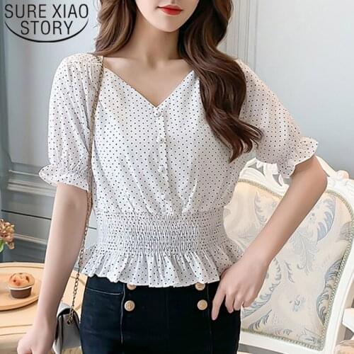 Short Sleeve Vintage V-neck Polka Dot Chiffon Blouse Women Elegant Front Buttons Slim Waist Ruffles Female Blouse Blusas 8830 50