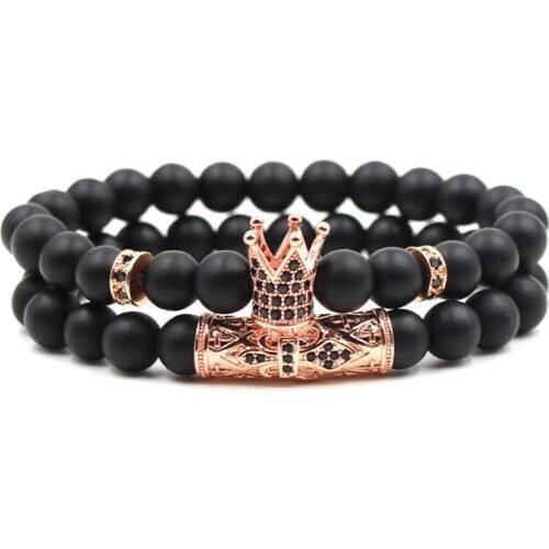 2019 Black Matte Couple Bead Bracelet Bangle Bracelet Micro Inset Zircon 4 Color Crown 2/Set for Men Women Buddha Bead Jewelry