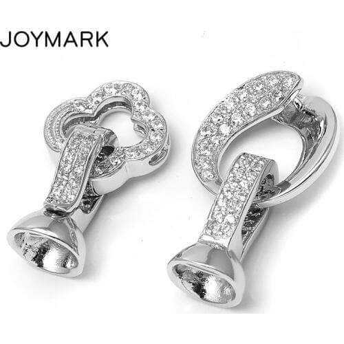 Four Leaf Clover Lucky Flower Reel Zircon Pave 925 Sterling Silver Lock Clasps Connectors Pearl Jewelry Findings SC-CZ107