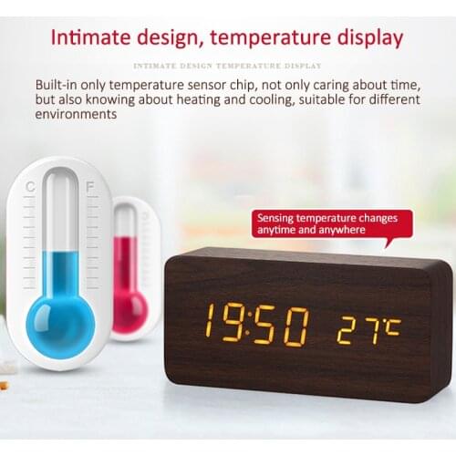 Digital Thermometer LED Wooden Clock USB Charging Digital Alarm Clocks Desktop Table Clocks Electronic Voice Control Temperature
