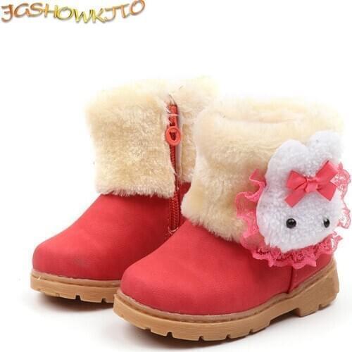 Kids Boots Girls Boots Rabbit Cute Warm Cotton Children Boots Sweet Lace Soft Waterproof Round Toe Boots For Toddlers Girl 21-30