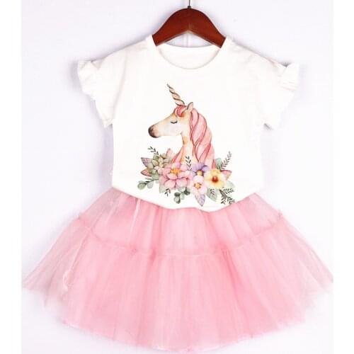 Childrens Suits Girls Clothes Set Summer New Magical Unicorn Pattern White T-shirt Lace Skirt Cute Childrens Wear 3-7Y