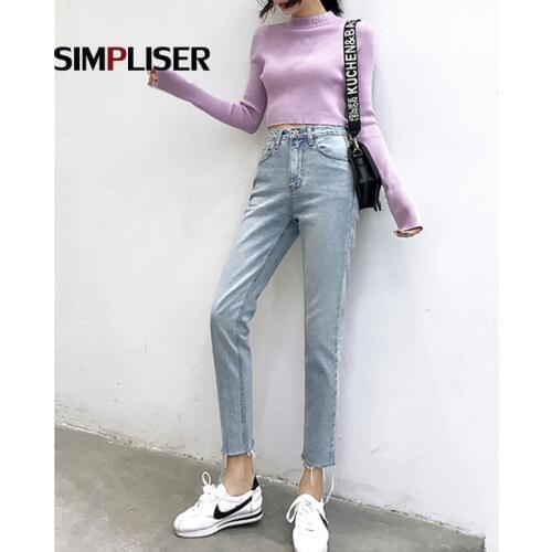 Jeans Women 2019 Summer Ankle Length Straight Jeans Trousers High Waist Femme Mom Jeans Denim Blue Ripped Jeans Female Pants