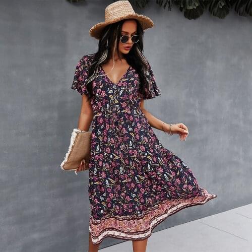 Jastie Bohemian Floral Printed Dress 2021 Summer Short Sleeve V-Neck Dresses Women Clothing Casual Beach Boho Dress Vestidos