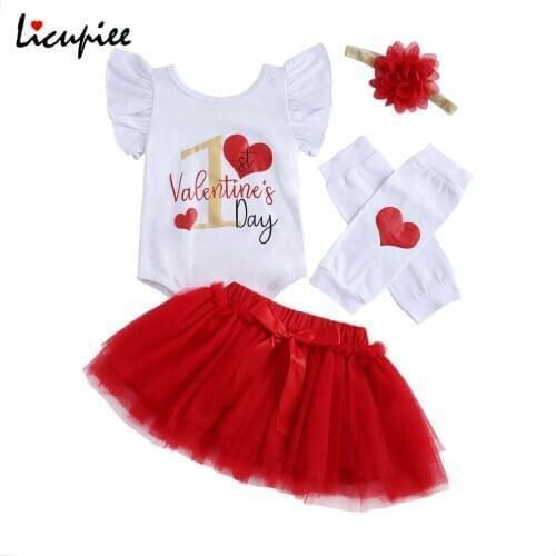 Baby Girls First Valentines Day Clothes Sets Newborn Printed Romper Tops + Tutu Skirt + Headband + 2 Leg Outfits 0-24 Months