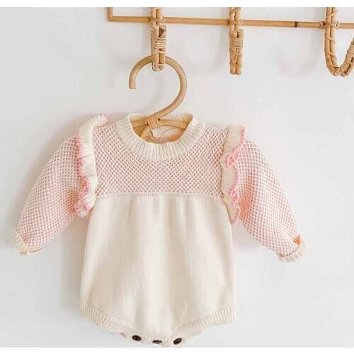 Autumn Winter Newborn Baby Girls Knitted Romper Hollow Korean Baby Clothes Cotton Woolen Infant Onesie Ruffles Jumpsuit Outfits
