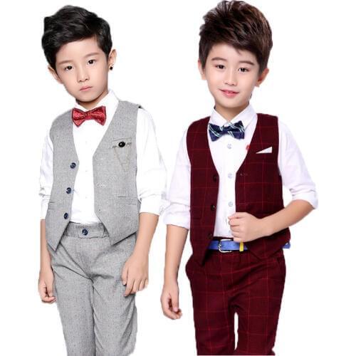 Flower Boys Formal Tuxedo Suit Vest +Pants 2Pcs Clothing Set Children Wedding Dress Kids Piano Prom Performance Birthday Costume