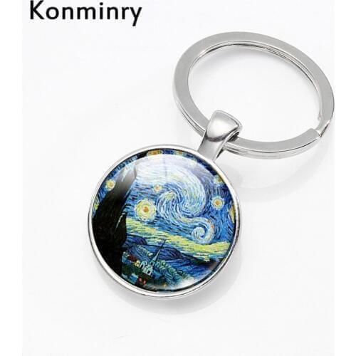 Konminry Classic Van Gogh Starry Sky Key Chains Holder Retro Art Oil Painting Glass Cabochon Pendant Car Bag Keyring Jewelry