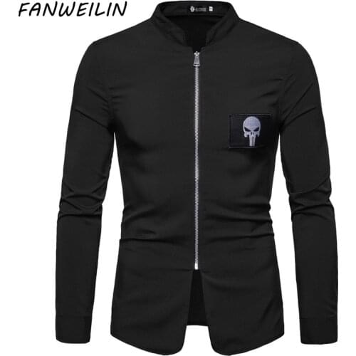 Skull Embroidery Stand Collar Long Sleeve Shirts For Men Autumn New Mens Vintage Black Slim Fit Shirt Fashion Zip Up Cardigan