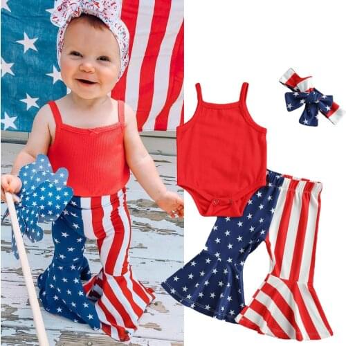 0-18 M New 3Pcs Baby Independence Day Outfit Solid Color Spaghetti Straps Romper + Star Stripe Flare Trousers For Newborn Girls