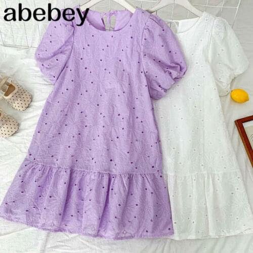 2021 New Summer Women Sweet All-match embroidery hollowed out Dress puff Sleeve Ruffle short Dress