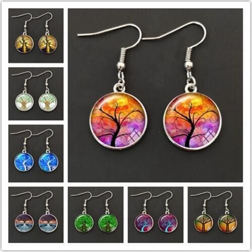 The new tree of life glass pendant earrings family gift tree jewelry souvenir earrings, jewelry suitable for girls