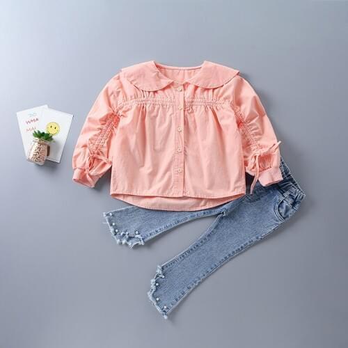 2-7 years high quality girl clothing set 2020 new fashion casual orange white solid shirt + denim pant kid children clothing