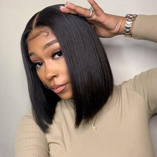 4x4 Lace Closure BOB Wig Pre Plucked Straight Hair 180% Density Brazilian Remy Hair Black BOB T Part Lace Front Wigs for Women