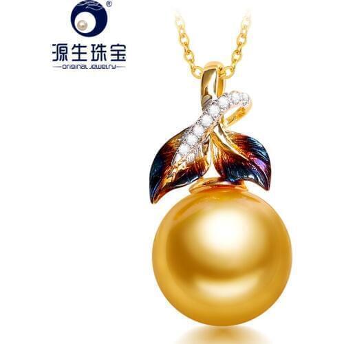 YS 11-12 mm Golden South Sea Pearl Pendant 14k Real Yellow Gold Leaf Pendant