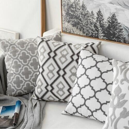 Drop Ship Home Decor Embroidered Cushion Cover Grey Cotton Canvas Embroidery Pillow Cover Decorative Pillow Case Pillow Sham