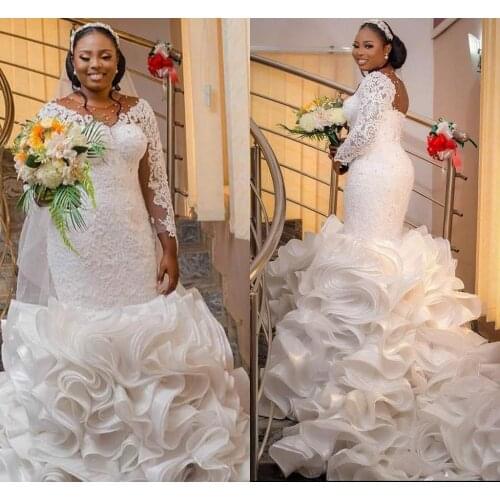 Luxury Scoop Neckline Lace Appliques Mermaid Wedding Dresses with Beads Sweep Train Ruffles Organza Bridal Gowns Custom made