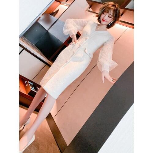 Mesh lace sequins V Neckline slim waist exquisite button dress womens wear 2021 Spring new High Quality Top Quality