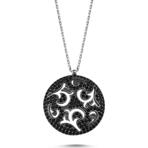 Silverlina Silver Round Openwork Pattern Black Zircon Stone Ghost Pendant