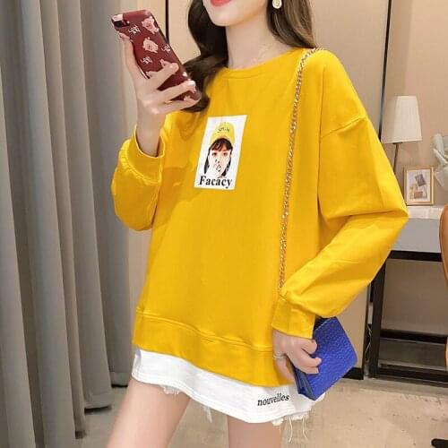 Long Sleeve Sweatshirt Women Spring Autumn Thin Hem Print Letter Oversized Sweatshirt Women Casual Top Fake Two Piece Set