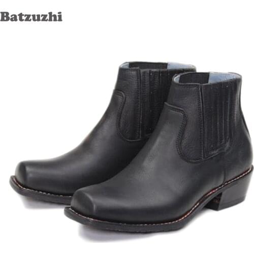 Rock Mens Boots Shoes Special Small Square Toe Black Genuine Leather Ankle Boots Men Botas Hombre, Big Sizes EU38-46, US6-12