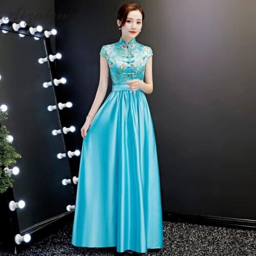 Oriental Style Evening Dresses Qi Pao Women Traditional Chinese Wedding Dress Cheongsam Modern Host Vintage Gown Qipao Blue Robe