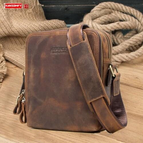 Vintage Crazy Horse Leather Mens Shoulder Bag Leather Men Messenger Bags