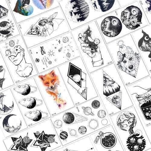 Watercolor Fox Star Planets Temporary Tattoos For Women Kids Arm Waterproof Fake Geometric Tattoo Chilren Satellite Moon Designs
