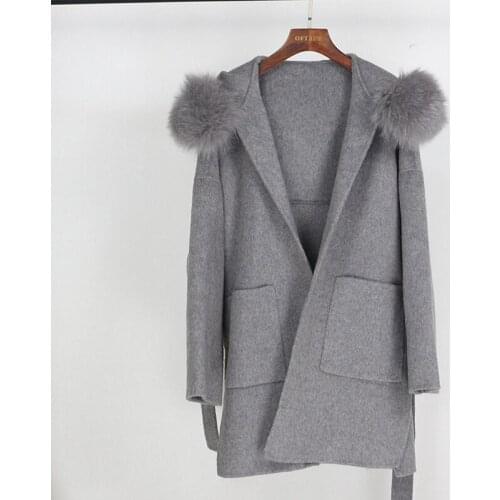 Vogue New Real Fur Coat Winter Jacket Women Loose Natural Fox Fur Collar Cashmere Wool Blends Outerwear Streetwear Oversize