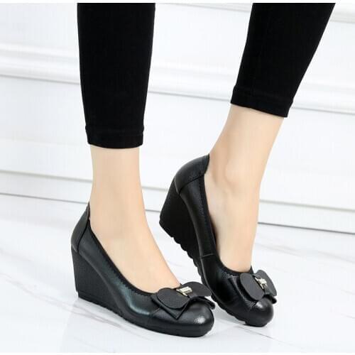 Tilocow Womens Genuine Leather Platform Shoes Woman Wedges Butterfly-Knot Solid High Heels Ladies Slip On Casual Footwear