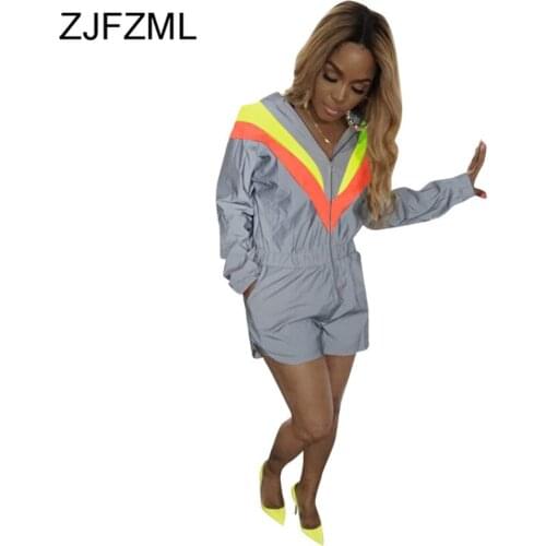 Neon Contrast Color Patchwork Party Playsuit Women Hooded Long Sleeve Zip Up Short Jumpsuit Streetwear Elastic Waist Bodysuits