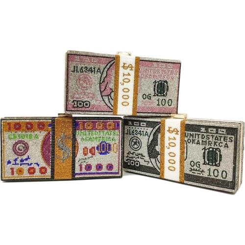 Boutique De FGG Stack of Cash Designer Box Handbags Women Money Clutch Purse Evening Bags Diamond Party Cocktail Purse Handbag