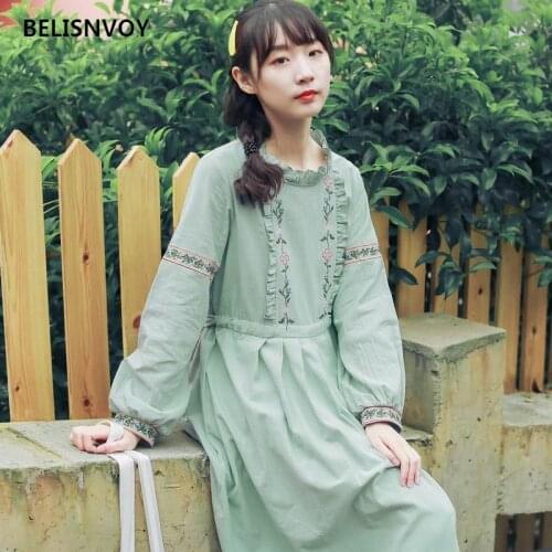 2021 Japanese Mori Girl Autumn Spring Women Midi Dress Floral Embroidery Dress Elegant Cotton Linen Pleated Dress Plus Size
