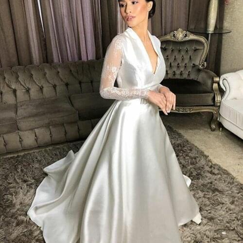 Elegant Lace Long Sleeve Wedding Dresses Turkey Sexy V Neck Simple Satin A-line Bridal Gown with Bowknot Vestidos de Novia