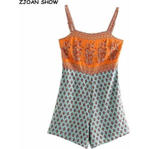 Summer Square Collar Paisley Floral print Bodysuits BOHO Women Back Elastic Short Pants Jumpsuit Spaghetti Strap Romper Overalls