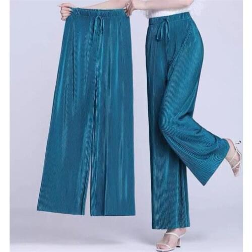 New Fashion Womens Summer Pleated Pants Soft Ankle-Length Wide Leg Pants Grey Khaki Black High Waist Trousers Plus Size M-7XL