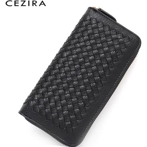 CEZIRA Fashion PU Leather Handmade Woven Women Wallet Vegan Long Clutch Female Zipper Coin Purse Card Photo Holder Multi Pockets