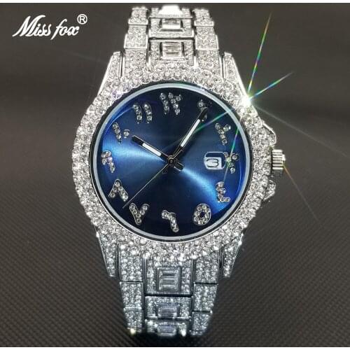MISSFOX Luxury Men Watches Women Top Brand Hip Hop Diamond Quartz Wristwatch Punk Bule Dial Stainless Steel Clock Couples Gift