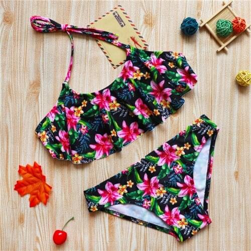 Childrens Swimsuit Ruffle Tropical Rainforest Print Split Swimsuit Girls Baby 2021 Swimsuit